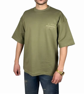 تیشرت آستین کوتاه سبز زیتونی با گلدوزی برجسته