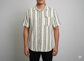 پیراهن مردانه آستین کوتاه راه راه کنفی مشکی 718