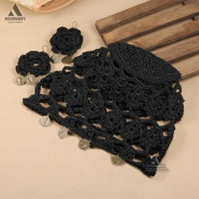 کلاه و گوشواره زنانه بافت Crochet Hat & Earrings HA198 (مشکی)