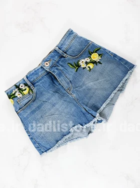 شورتک کوتاه جین گلدوزی زرد پاچه ریش