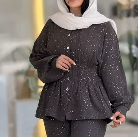 ست مانتو شلوار دبل فیس نگین‌دار