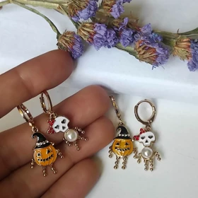 ست 2 تایی گوشواره آویز هالووین (کدو تنبل جک فانوس و شبح) – آبکاری طلا (Limited Edition)