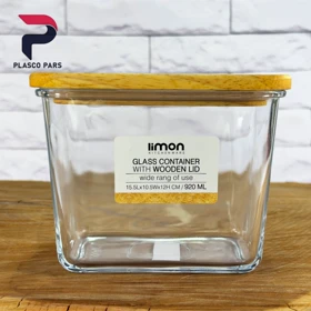 ظرف شیشه ای 920میل درب چوبی لیمون
