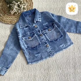 3 تکه کت شلوار جین دخترانه طرح LV نگین‌دار 4 تا 11 سال