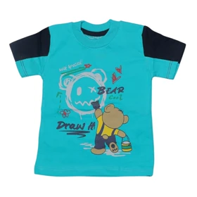 ست تیشرت آستین کوتاه و شلوارک پسرانه مدل خرس PJ1143 رنگ فیروزه ای