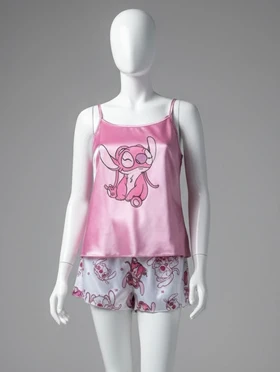 ست تاپ و شورتک ساتن طرح استیج صورتی