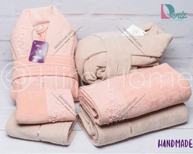 حوله ست دو نفره HANDMADE شکوفه رنگ کرم تیره و گلبهی