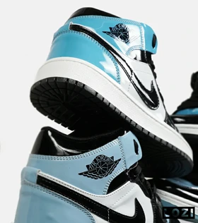 کفش کتانی ساق‌دار مردانه و زنانه آبی سفید مشکی ورنی NIKE jordan 1