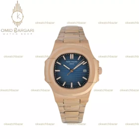 ساعت مچی پتک فیلیپ اتوماتیک بند فلزی رزگلد صفحه سرمه ای Patek Philippe Nautilus