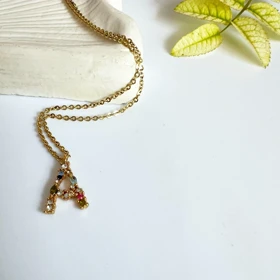 گردنبند حروف A نگینهای مولتیکالر (چندرنگ) آبکاری طلا