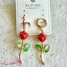 گوشواره زنانه ژوپینگ مدل رز قرمز با برگ سبز کد 9451