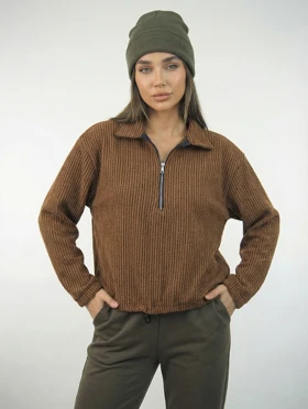 بلوز یقه دار نیم زیپ مخمل پایین گتردار