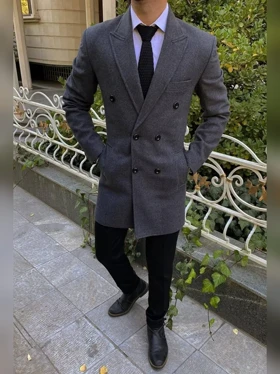 پالتو 6 دکمه یقه بلیزر جیب پالتویی طوسی تیره o112