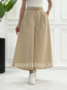 شلوار دامنی لینن جیب کراس با کمربند کنفی