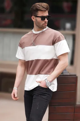 تیشرت یقه خدمه رنگ بلوک شده Mink Oversize 7020