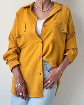 شومیز دکمه چوبی الیانا کد 500453 (خردلی)