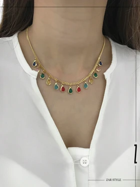 گردنبند آویز نگین اشکی مولتی کالر زنجیر کارتیه