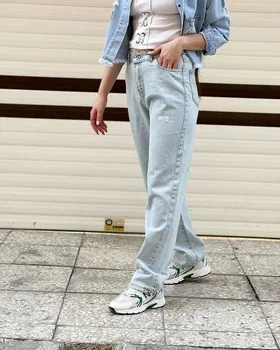 شلوار لی نیم بگ یخی پارچه ترک کمرکش طرح زاپ