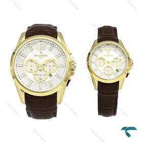 ساعت مچی رومانسون ست طلایی بند چرم قهوه ای Romanson-5940-S