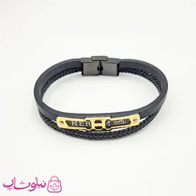 دستبند مردانه چرم و استیل مدل هرمس مشکی طلایی