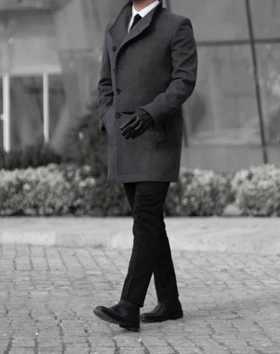 پالتو 5 دکمه یقه کج جیب پالتویی طوسی تیره o103