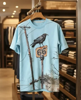 مسترکوالیتیتیشرت آبی پاستیلی باکسی لش با طرح کلاغ / فوق‌العاده جذاب و با کیفیت