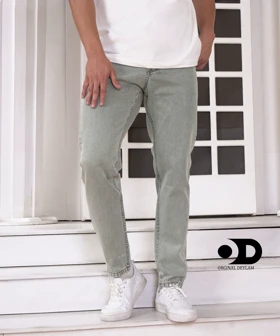 شلوار مام فیت جین کجراه رنگ سبز خاکی روشن کیفیت تضمینی _ اورجینال دیلم