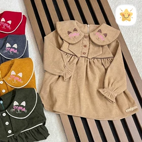 پیراهن دخترانه مخمل کبریتی مدل MEOW MEOW برند MANELY