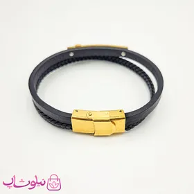 دستبند پسرانه چرم و استیل مدل گوچی Gucci مشکی طلایی