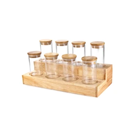 ست ادویه پیرکس گرد با استند چوبی مدل پله ای 8 خانه