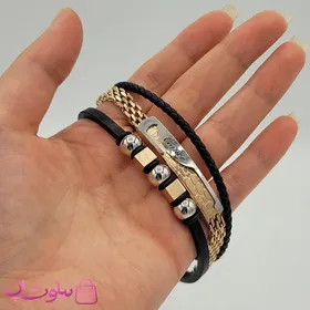 دستبند مردانه سه ردیفه چرم استیل