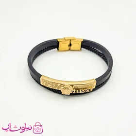 دستبند مردانه چرم و استیل مدل ورساچه مشکی طلایی