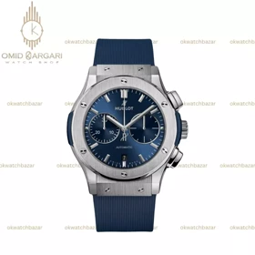 ساعت مچی اوبلو کلاسیک فیوژن کورنوگراف بند رابر آبی قاب سیلور Hublot Classic Fusion