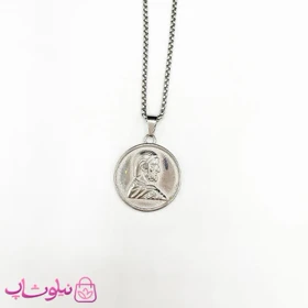 گردنبند مردانه استیل طرح کوروش دو رو نقره ای کد 129