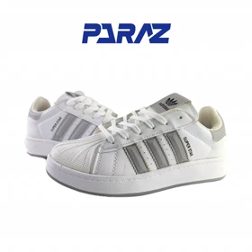 کفش اسپرت زنانه و پسرانه برند آدیداس مدل سوپر استار Adidas سفید طوسی کد 114