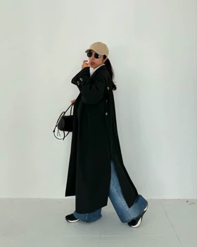 مانتو ترنچ کت بارانی بلند زنانه چاک‌دار پاییزه جنس کتان ضد آب کد 20