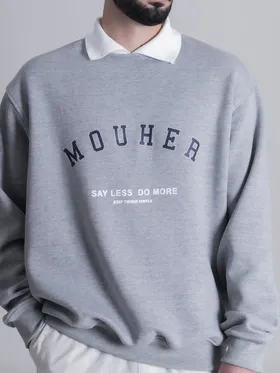 سویشرت یقه دار مدل LESS IS MORE طوسی برند موهر mouher