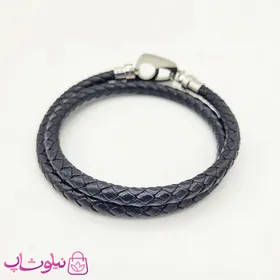 دستبند مردانه نیمانی چرم و استیل دو ردیفه