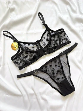 ست سوتین و شورت فنردار توری طرح ستاره کد 323