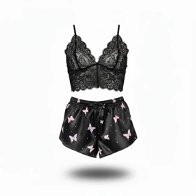 ست نیم‌تنه گیپور و شلوارک طرح پروانه 105