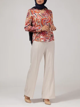 شومیز زنانه ساتن طرح دار یقه هفت آستین بلند 30109