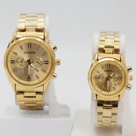 ساعت مچی ست مردانه و زنانه کاسیو Casio سبک 3موتوره و تمام استیل 5594 (بند طلایی با صفحه طلایی)