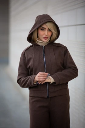 سویشرت زنانه کلاهدار استردار (قهوه ای)