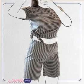 ست کراپ شرتک پنبه سوپر لاکرا گره‌ای رنگ طوسی راه راه