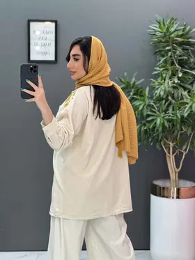 مانتو لینن گلدوزی آستین ریش