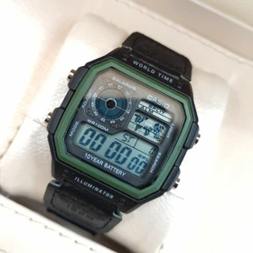 ساعت مچی مردانه طرح کاسیو جهان نما بند برزنتی سرمه ای