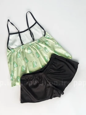 ست لباس خواب تاپ و شورتک ساتن طرح دایناسور