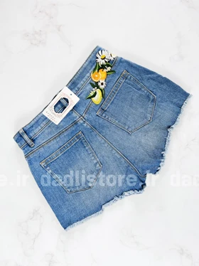 شورتک کوتاه جین گلدوزی زرد پاچه ریش