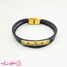 دستبند مردانه چرم و استیل مدل لویی ویتون مشکی طلایی