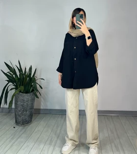 مانتو کتان کاغذی کارن مشکی